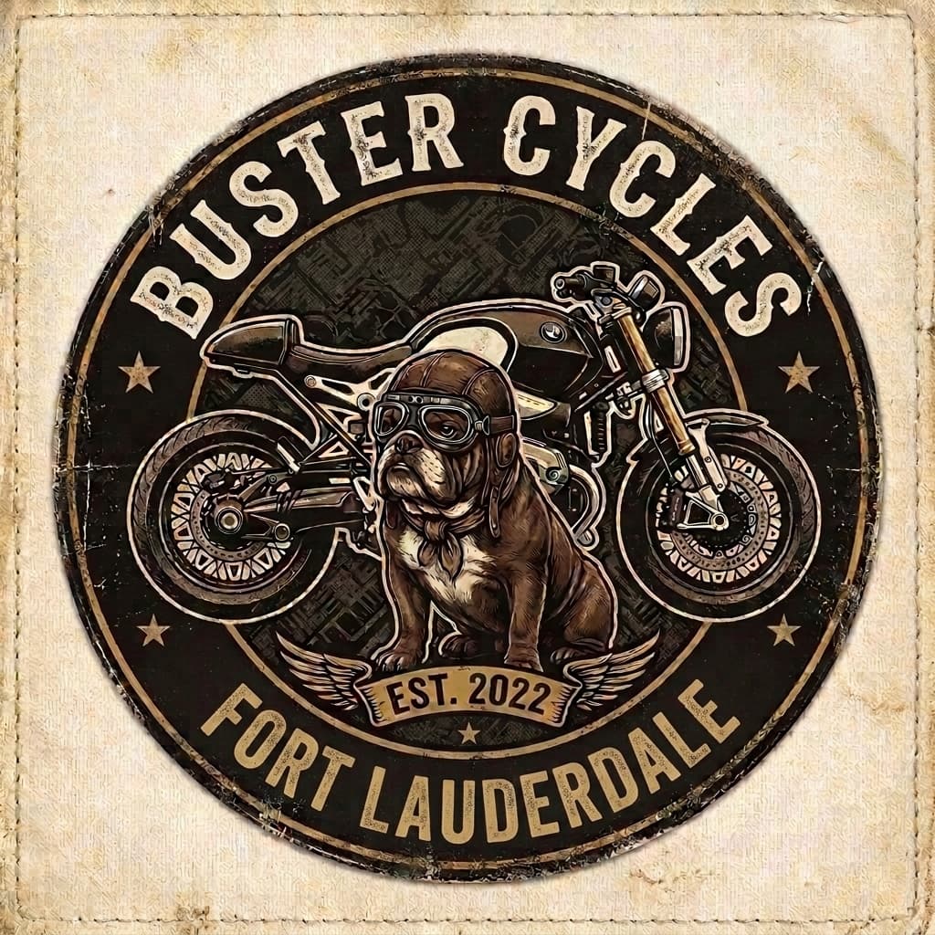 Buster Cycles roundel — a chocolate English bulldog in a vintage aviator cap and goggles, set against a BMW R nineT cafe racer